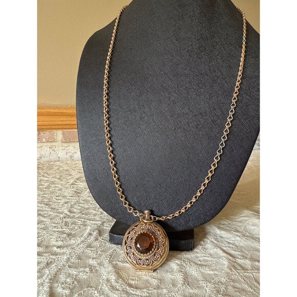 Avon Vintage Gold-Tone Locket Necklace With Brown Gemstone Pendant - Picture 1 of 16